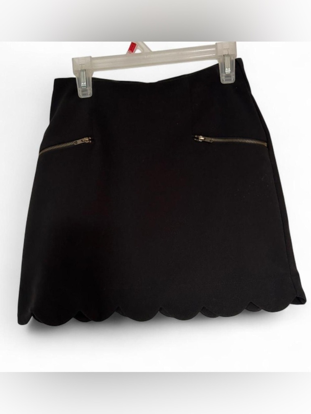 Black Scalloped Hem Mini Skirt with Zip Accents by Monteau